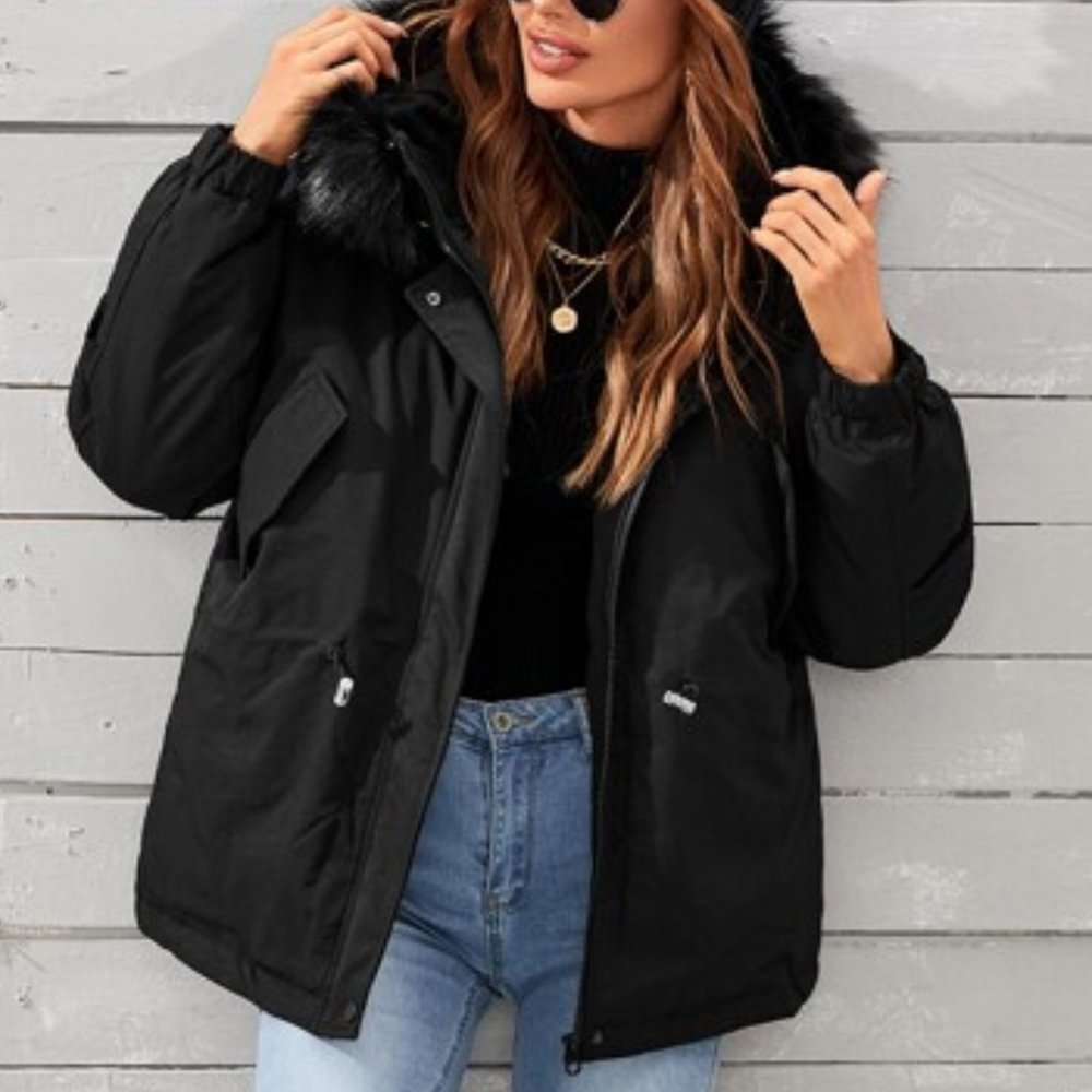 Contemporary Drawstring Waist Parka Winter Coat Black - Picture 7 of 9
